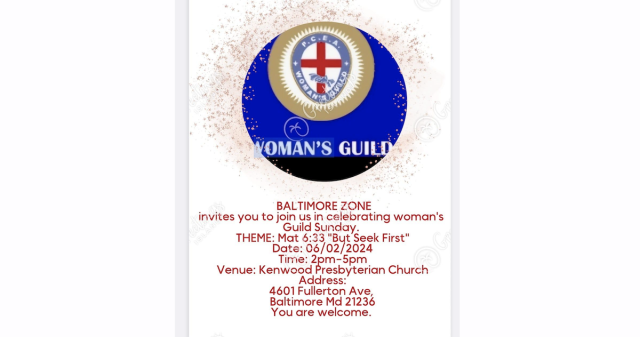 P.C.E.A. Woman's Guild Baltimore Zone Invites You to  Woman's Guild Sunday Celebration on June 2, 2024 in Baltimore, MD